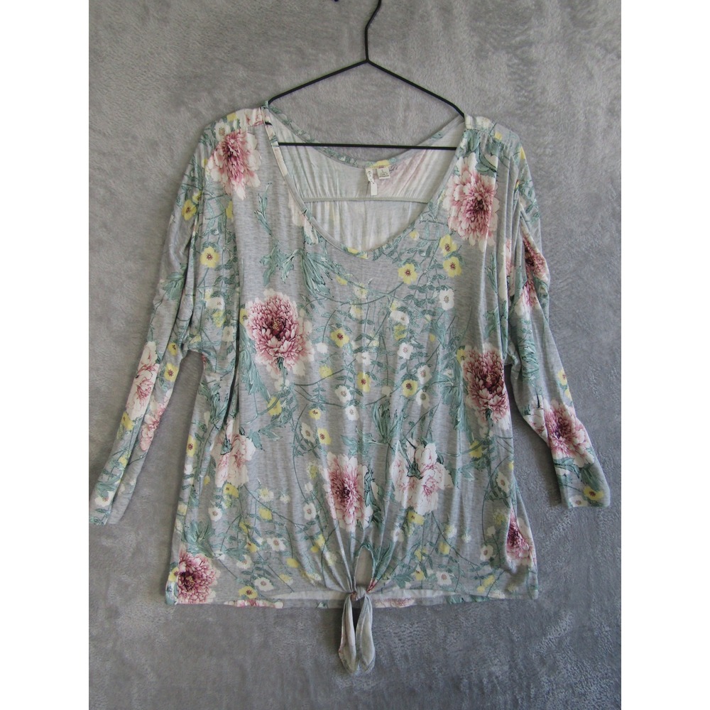 Est 1946‎ Floral Print Tunic Top Long Sleeve Tie Front Gray Pink Yellow Womens L